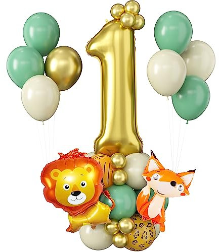 Jungle Number 1 Balloon 40 Inch Gold Number Balloons Giant Number One Foil Balloon Tower with Lion Fox Large Sage Green Gold Digital Balloon Stack for Boy Girl 1st Wild One Birthday Baby Shower Party