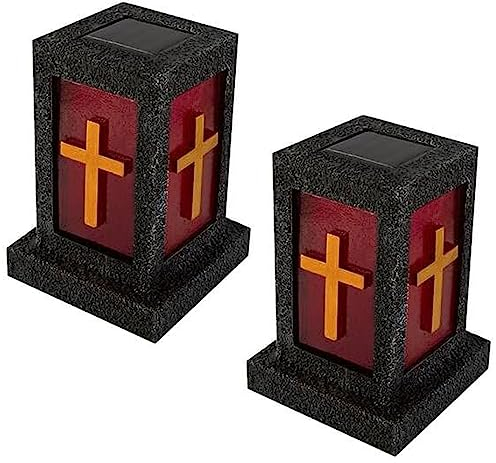 HAC24 2X LED Solar Grablicht mit Kreuz in Stein-Optik Grableuchte Grablampe Grab Lampe Licht Grabschmuck