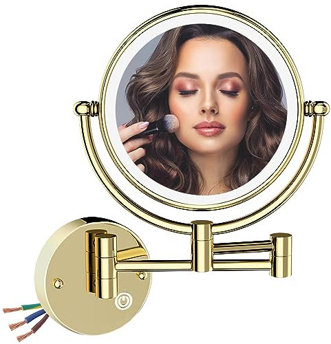 RECKODOR 20,3 cm Badezimmer-Make-up-Spiegel, Wandhalterung, Schwenkarm, doppelseitig, 1X/5-fache verdrahtete beleuchtete Vergrößerung, Touch-Sensor-Dimmschalter, luxuriöses Messing, französisches Gold