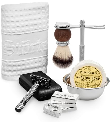 Kit rasage Störtebekker® Coffret gourmand - pour un rasage parfait - Avec rasoir, blaireau, savon à raser, bol de rasage, support de rasage, chiffon de rasage (Rasoir (Noir) - Étui (Noir))