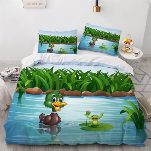 VIMOOR Bettwäsche 200x200 Ente Frosch 3D Bettwäsche Set 3teilig für Jugendliche Jungen Mädchen Tier 100% Mikrofaser Weich Teenager Bettbezug mit Reißverschluss und 2 Kissenbezüge 80x80cm