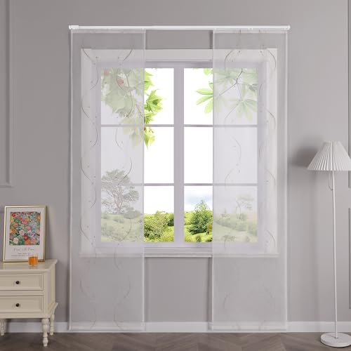 HeichkelL Schiebegardinen mit Klettband Transparent Schiebevorhänge Flächenvorhänge mit Wellen Stickerei 2er Set Gardinenschal Sand BxH 57x145 cm