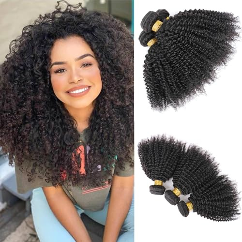 DaiMer Mongolian 4B 4C Afro Kinky Curly 100% Human Hair 3 Bundles Unprocessed Virgin Hair Weave Double Weft Big Hair for African Women Natural Color (14/14/14 Inch)
