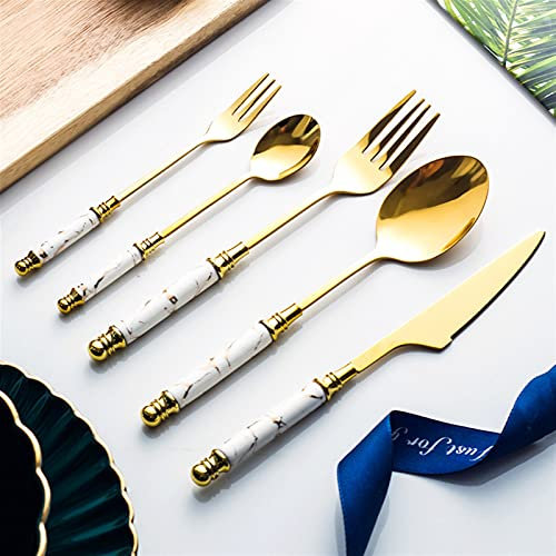 Flatware sets 20PCS Gold Stainless Steel Cutlery Set Tableware Set Emerald Marble Ceramic Handle Knife Fork Spoon Dinner Set Dessert Flatware Stainless Steel(White 20pcs)