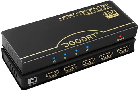 HDMI Splitter 1 in 4 Out, 4K 120Hz / 8K 60Hz 1x4 Audio Video HDMI 2.1 Verteiler mit Netzteil, Unterstützung 3D HDR