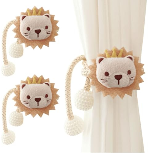 AOOPOO Raffhalter für Vorhänge, 2 Stück Cartoon Tiere Vorhanghalter Seil Gardinenclips Süßer Bär Hase Löwe Vorhang Raffhalter mit Perle Ball Gardinen Binder Haken Ringe für Kinderzimmer Dekoration