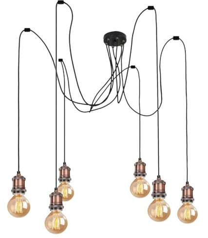Vintage Pendant Light Fitting Multi Light Modern Retro Industrial Style E27 Lamp Holder 200cm Cable Spider Pendant Light for Kitchen Island Living Room Dining Room (Red Antique Copper, 6 Lights)