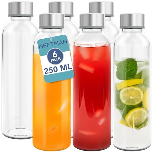 HEFTMAN 250ml Glass Bottles with Lids - 6 Pack Empty Glass Water Bottle, Airtight, Leakproof, Stainless Steel Lids - Water, Smoothies, Juice Bottles for Work, Gym, Home - Includes Cleaning Brush