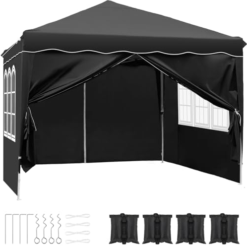 Pavillon 3x3 Wasserdicht Stabil Winterfest, Faltpavillon Faltbar Gartenzelt,Pop Up Partyzelt,Falt Pavillon Zelt mit 4 Seitenwänden,UV Schutz 50+ Metall-Verstrebungen für Camping (Schwarz)