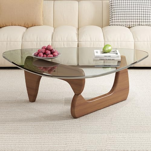 Couchtisch aus Glas Dreieckiger, Vintage-Beistelltisch aus schwarzem Glas, Tischplatte aus massivem Holz, moderner Beistelltisch für Wohnzimmer,Walnut Legs+c,83×57×40cm