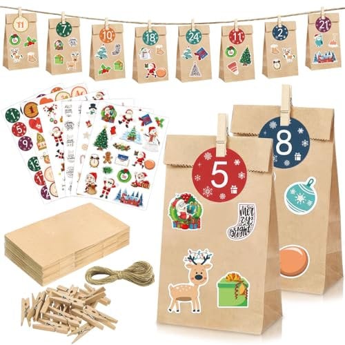 MTINRNI Calendario dell’Avvento fai da te,Calendario Dell'avvento 2024,24 Sacchetti di carta,realizzare per Natale - con chiodi di legno,adesivi natalizi,adesivi numericidi,Sacchetti di Natale.