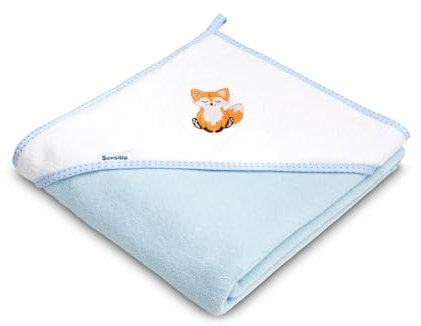 Sensillo Baby-Handtuch mit Kapuze 100x100cm - Weicher und saugfähiger Baby-Bademantel - 95% Baumwolle, 5% Polyester - Absorbiert Feuchtigkeit - Charmantes Design - Blauer Fuchs