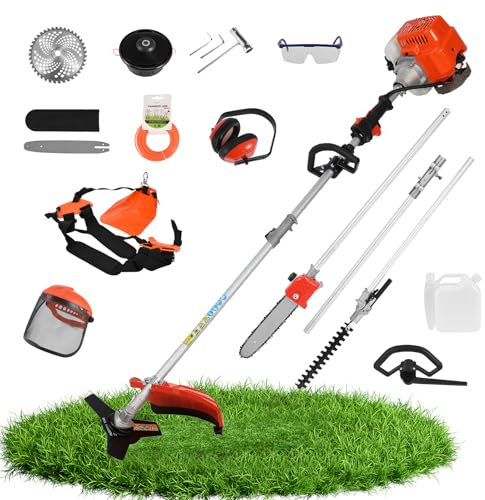 Taille-Bordures 52cc à Essence,5 en 1 Outils de Jardin Coupe-Herbe,Taille-haie,Débroussailleuse avec Lame 3T,Rallonge de tronçonneuse,2.3Kw/9500 RPM Scie à Perche Multifonctionnelle (L'orange)