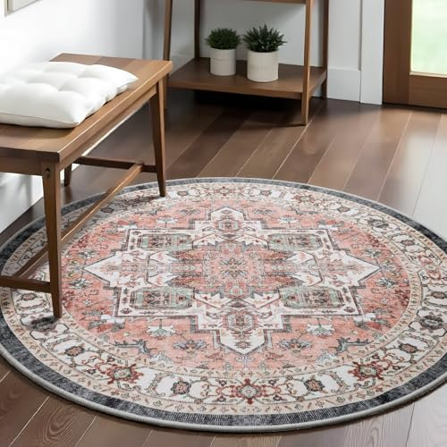 Carvapet Lavabile Tappeto Rotondo 150cm Antiscivolo Sottile Rosa Tappeto a Cerchio Salotto Cameretta Soggiorno Medaglione Retrò Stampato Tappeti di Zona