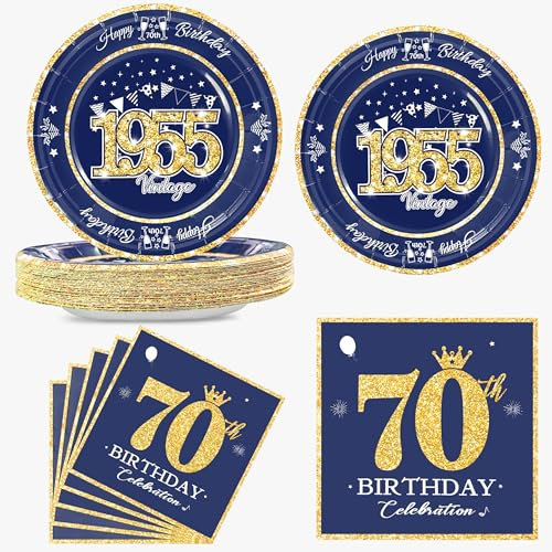 algpty 60 PCS Vintage 70th Birthday Plates and Napkins Set, 70th Birthday Decorations Blue and Gold, Service for 30, 1955 Birthday Dessert Plates and Napkins Party Supplies for Men Women