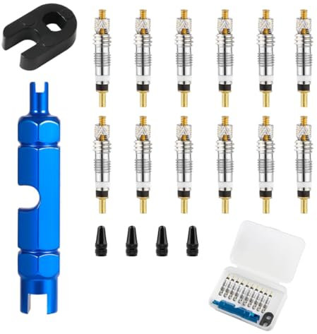 [18 UDS] Kit de Reparación de Valvulas para Bicicleta - Núcleo de Válvula de Bicicleta, Adaptadores de Válvula Presta Tubeless MTB con Llave Obuses y Repuestos para Reparación de Bicicletas