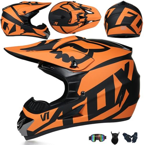 Jugend Motorradhelm Motocross Helm Kinder Erwachsene Cross Helms Herren ATV Motorradhelm MX Enduro Full Face MTB Helm DOT/ECE-Zertifizierter Mit Brille Maske Handschuhe Downhill Helm,Orange/A-S