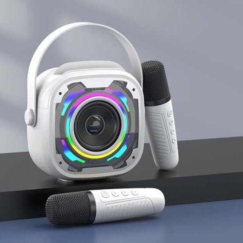 PKBD Mini Macchina Karaoke con 2 Microfoni per Bambini, Altoparlante Bluetooth Portatile con Supporto Telefono/Luci Dinamiche/Effetti Voce, Regalo per Ragazze e Ragazzi, bianco