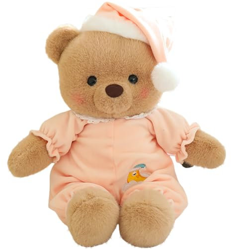 URFEDA Poupée Peluche Ours 40cm Poupées de Chiffon Fille Bébé avec Pyjama et Bonnet de Nuit Détachables Jouet Poupée Adorable Enfants Cadeau de Naissance Noël Anniversaire Baptême (Rose)
