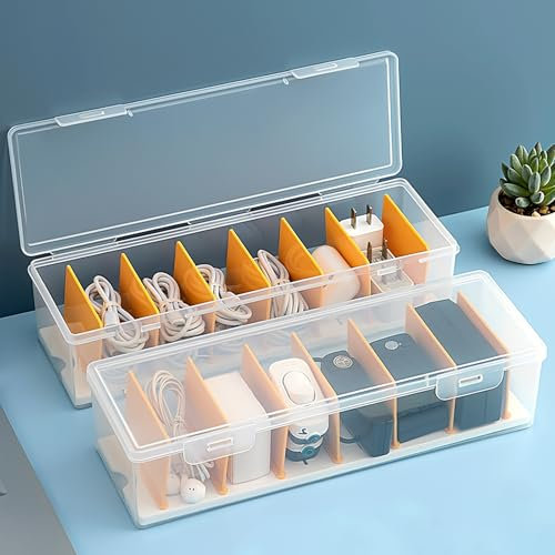 KASURE 2 Piezas Caja Organizadora Cables, con 7 Compartimentos y 16 Bridas, Organizador Cables Plástico Transparente para Guardar en el Escritorio, Oficina