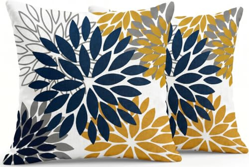 JANGYUHH Kissenbezug 40x40 cm Modern Dahlien Dekokissen Zweiseitiges Muster Blau Grau Blumen Sofakissen Outdoor Kissen Leinen Kissenbezüge Dekorative für Sofa Garten Wohnzimmer Bett 2er Set