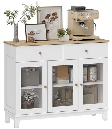 HOMCOM Buffet Salon, Meuble de Rangement avec 2 placards à Portes en Verre trempé nervuré, étagères réglables et 2 tiroirs, Buffet Salle à Manger et Salon, 100 x 35 x 80,3 cm, Blanc