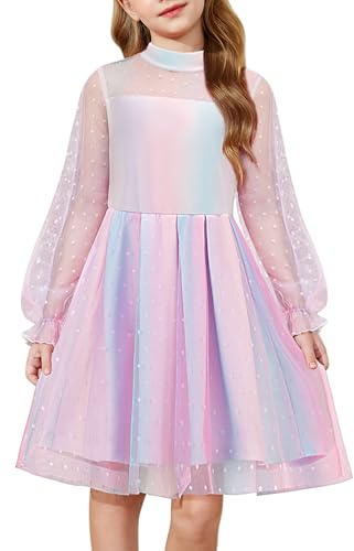 Arshiner Robes Fille Mesh Manches Longues Robe Fête Col Rond Décontractée Unicolore Robe Enfant Trapèze Mi-Longue Robes pour Enfants 6-14 Ans