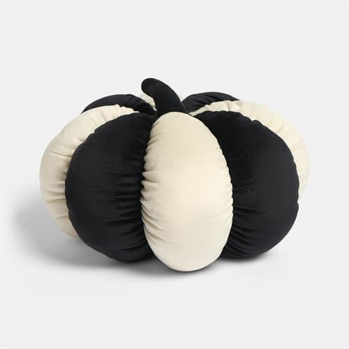 OHS Stripe Pumpkin Throw Pillow Halloween Decorations Scatter Cushion Soft Velvet Thanksgiving Home Decor Seat Cushion for Bedroom Living Room Sofa, Monochrome - 20 x 20 x 15cm