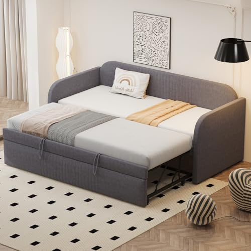 Dolamaní Schlafsofa 90/180x190 cm mit gästebett, Ausziehbett gleiche höhe, Bett Ausziehbar zum Doppelbett, Leinenstoff, Ohne Matratze (Grau B)