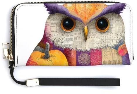 Jubonexis Skurrile Eule Zeitungs-Patches PU-Leder Clutch Lange Faltbörse Münzgeldbörse Kreditkartenetui Langlebiger Kartenhalter Geldaufbewahrung für Damen Herren