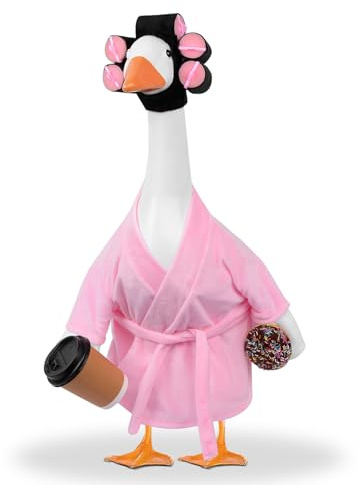 yuboo Lady Porch Goose Outfit 23 Inch Pink Bathrobe, Winter Goose Clothes Valentines Porch Geese Accessories Pink Pajamas Robe Curlers and Coffee Cup for Spring Easter Funny Decoration
