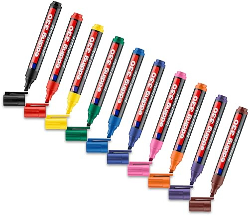 edding 330 Permanentmarker - 10 Stifte - Keil-Spitze 1-5 mm - wasserfest, schnell-trocknend - wischfest - für Karton, Kunststoff, Glas, Holz, Metall, Glas (Sortiert)