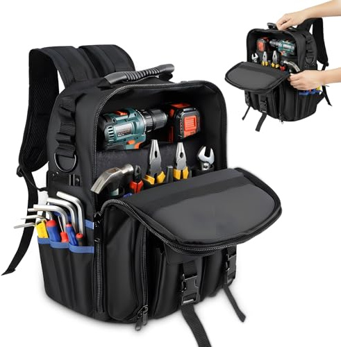 Werkzeugrucksack mit Mehreren Fächern, Werkzeug Rucksack Herren mit Gepolsterten Schultern und Abnehmbarem Werkzeugorganisator für Elektriker, Handwerker, Mann, Vater, Ehemann
