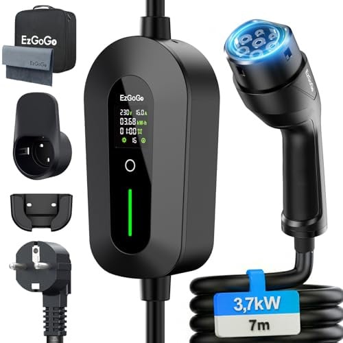 EzGoGo Chargeur Voiture Electrique 3,7kW 7m 6-16A Réglable IP66 | Câble recharge voiture électrique Type 2 avec écran LCD, charge différée 1-12h, plug & play, compatible EV/PHEV