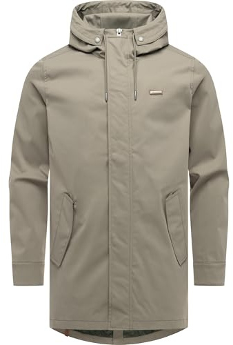 Ragwear Herren lange wasserdichte und atmungsaktive Übergangsjacke Mantel mit Taillenzugband, Gehschlitz und verstellbarer Kapuze Mr Smithem Twill YOUMODO S-6XL
