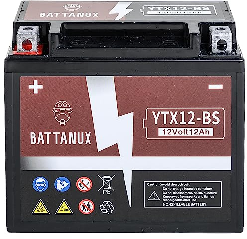 Battanux YTX12-BS Batterie Moto 12V12Ah AGM – Haute Capacité, Sans Entretien, Anti-Fuite, Prête à l’Emploi pour Moto, ATV & UTV