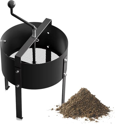 PEILU Rund Gartensieb Ø40cm Erde-Sieb, Bodensieb mit Handkurbel, Netz-Siebpfanne & Schwarze Schutzbeschichtung, Tragbare Metall Kompostsieb zum Sieben von Erde/Kompost/Saatgut/Sand/Unkraut