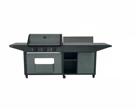 Cook'in Garden - Cocina exterior de gas BURN, Barbacoa con postre integrado, 3 quemadores, termómetro integrado, almacenamiento adicional, estructura de acero, ideal para 10 invitados