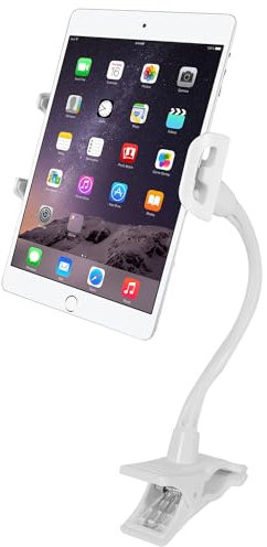 Macally Clip On Tablet Holder | Gooseneck iPad Holder for Bed, Stroller, Airplane, Desk (Universal Tablet Compatibility) Strong and Secure iPad Arm Mount, Tablet Clamp Mount, Kindle Holder