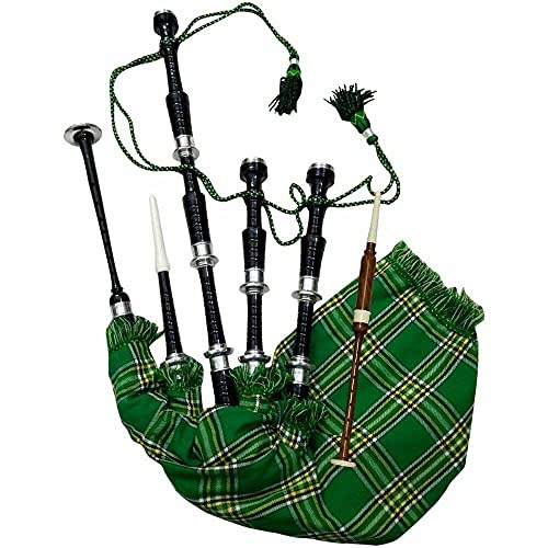 TC Schottischer Dudelsack aus Rosenholz oder schwarzem Finish mit silberfarbenen Halterungen, inklusive Tutorbuch, Tragetasche, Drohne, Schilfrohr, Schwarz/National Green