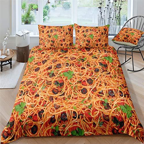 MIUNNG Jugend Student 3D Freizeit Essen Serie Bettbezug Kreativ Pizza Burrito Hamburger Pommes Frites Spaghetti Snack Bettwäsche Set Geburtstag Geschenk (Spaghetti, 135x200cm)