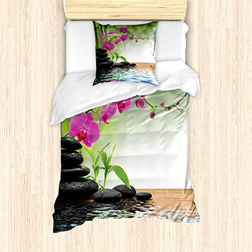 ABAKUHAUS Spa Bettbezug Set für Einzelbetten, Bambus-Baum Orchid Steine, Milbensicher Allergiker geeignet mit Kissenbezug, Koksgraue Lindgrün