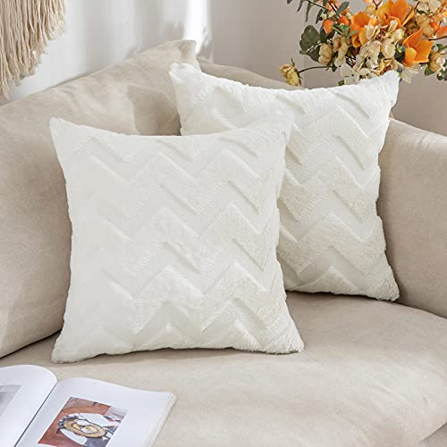 MIULEE 2er Set Wolle Kissenbezüge Sofakissen Dekokissen Welle Polyster Kissenbezüge Couchkissen Weich Kissenbezug Zierkissenbezug Versteckter Reißverschluss Wohnzimmer 50x50cm Cremeweiß