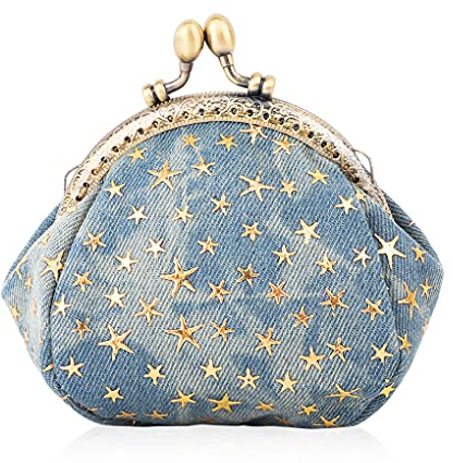 Oyachic Stella Cinque Punte Porte-Monnaie Denim Coin Purse Fermoir Clic Clac Kisslock Wallet Femme Portefeuille Vintage Bourse Porte-Carte de Credit (Bleu)