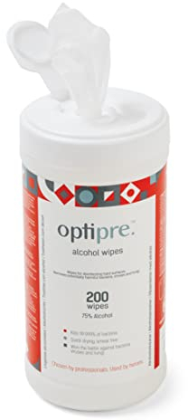 OptiPre Alcohol Wipes - Antibacterial Disinfectant Wipes - 75% Ethanol Wipe - Effectively Kills Bacteria from Hard Surfaces - 99.99% Effective at Removing Harmful Bacteria and Viruses (Tub of 200)