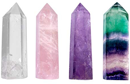 KYEYGWO Reiki Heilung Kristall Zauberstab Set, 4 Stück Positive Energie Stein Quarz Punkte Sechseckiger Heilkristall Stäbe Hexagon Edelsteine Haus Deko Desktop Ornament, Weiß/Rosa/Violett/Mehrfarbig