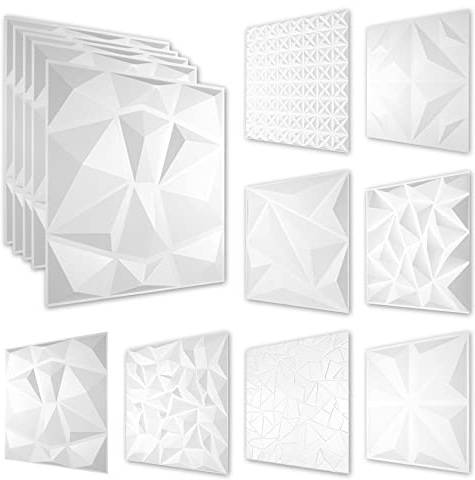 Paneles de pared de PVC 3D - Revestimiento de pared 3D blanco - Motivos de diamante (0,25QM Paquete económico HD003 50x50cm) Placa de techo