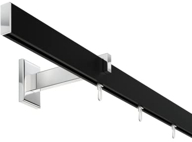 DécoProfi Gardinenstange Innenlauf 1-läufig Set Long rechteckig Schwarz/Verchromt I Länge: 400cm Aluminium für Wandmontage I Als Gardinenschiene & Vorhangstange geeignet