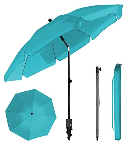 HOMEDEMO Parasol Plage Inclinable avec Revêtement Argenté, Protection Solaire UV50+, avec Pied d'Ancrage à Visser & Housse de Protection, pour Terrasse, Piscine, Marché, 200cm, Turquoise