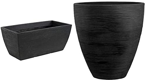 Dehner Blumenkasten Rillei, ca. 80 x 40 x 34 cm, Kunststoff anthrazit & Pflanzvase Vino, Ø 40 cm, Höhe 42 cm, Kunststoff, anthrazit